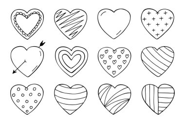 Kalpler koleksiyonu doodle tarzı. Mutlu Sevgililer günü.