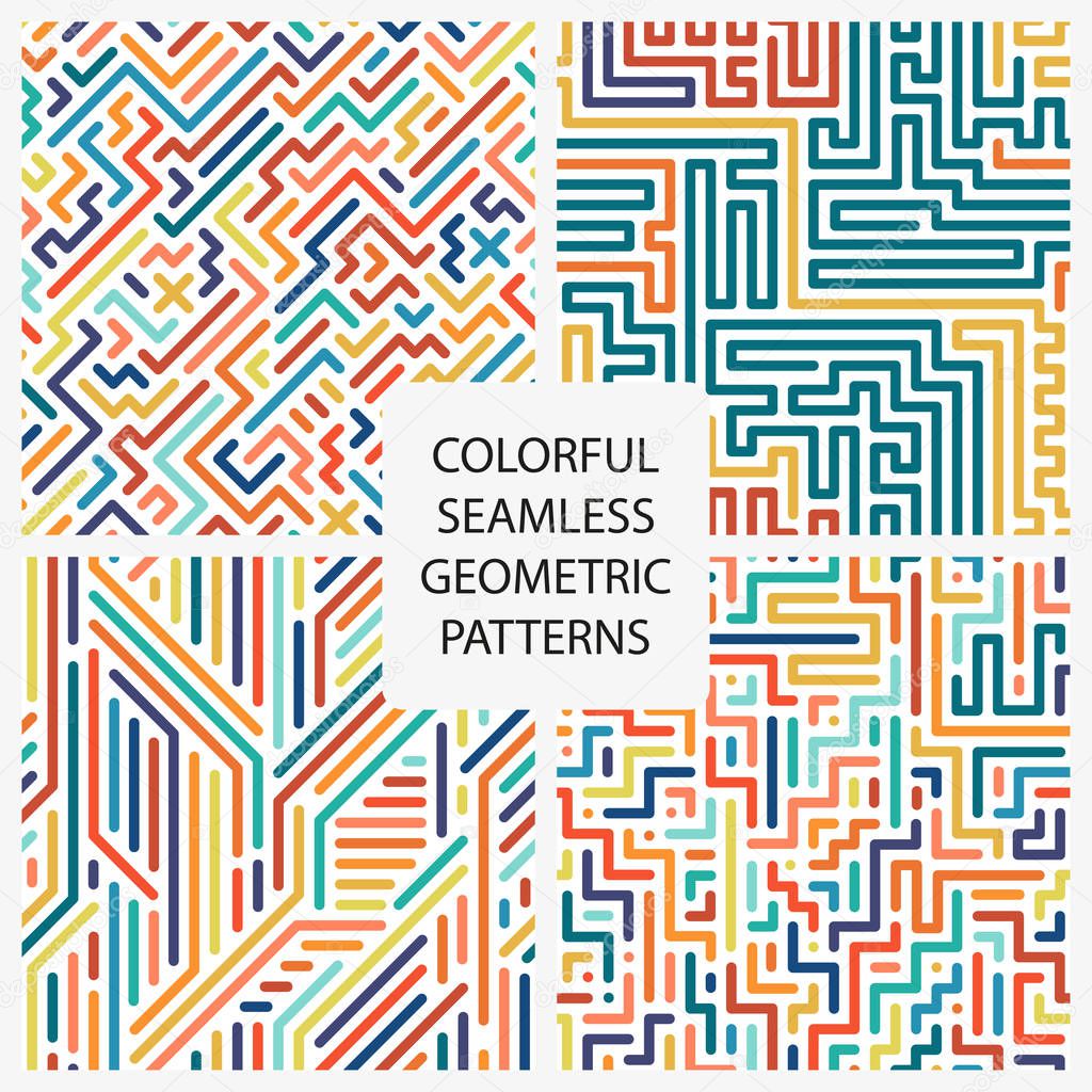 Collection of colorful seamless geometric patterns.