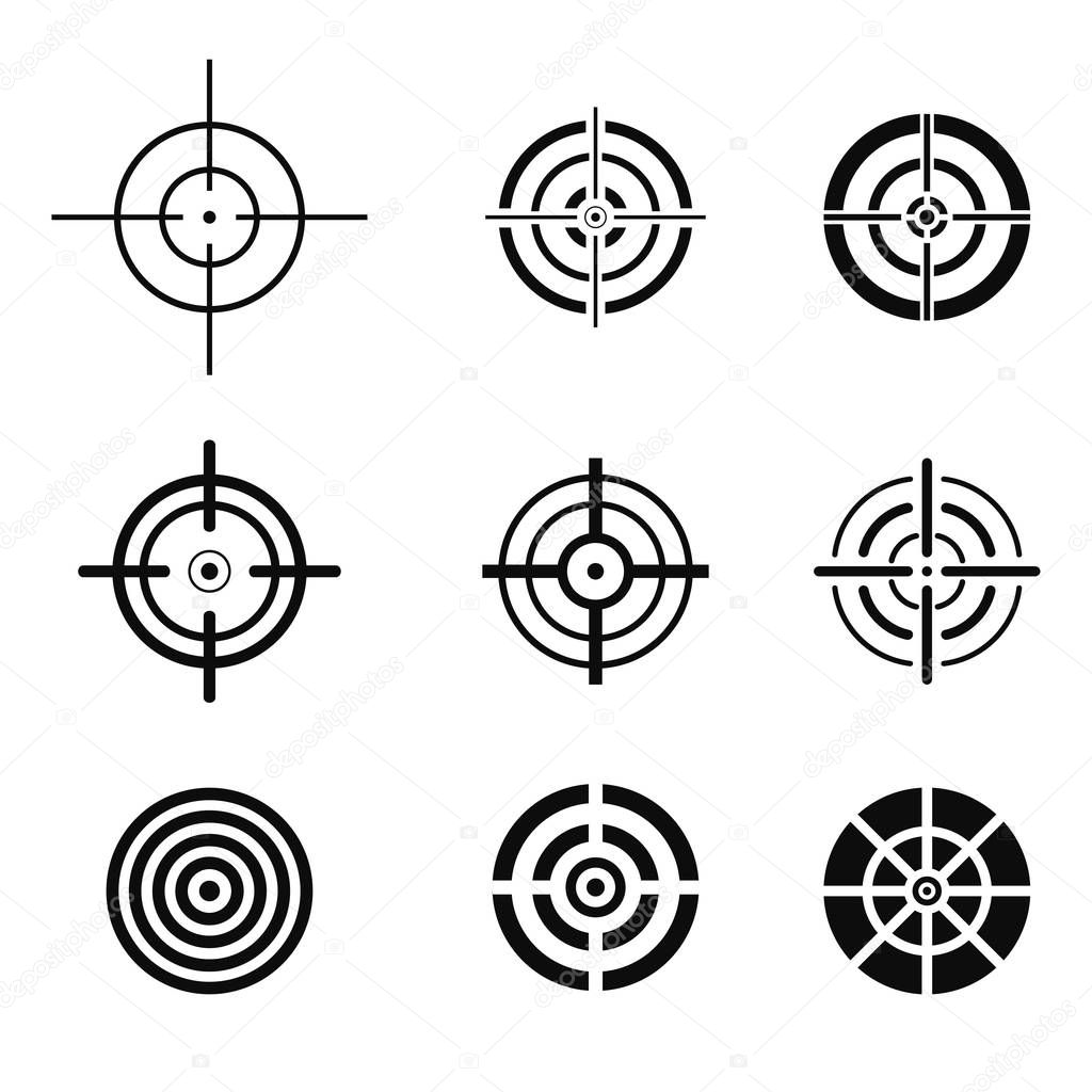 Collection of black target icons. Aim signs set.