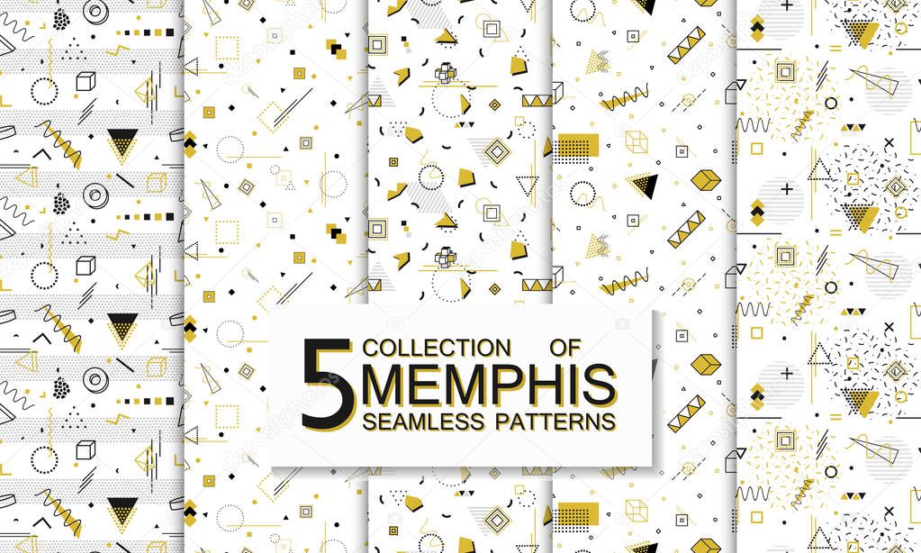 Collection of seamless memphis patterns with geometric shapes. Fashion 80-90s.