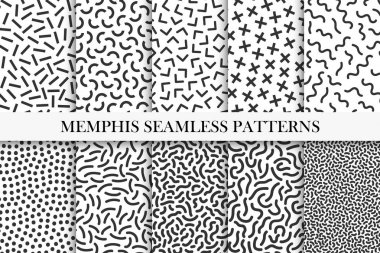 Memphis Dikişsiz desen koleksiyonu. 80-90'lı yılların moda. Siyah ve beyaz mozaik dokular.