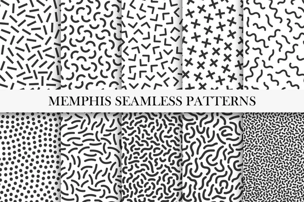 Sammlung nahtloser Memphis-Muster. Mode 80-90er Jahre. Schwarz-weiße Mosaik-Texturen. — Stockvektor