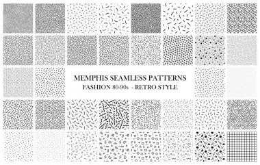 Paket Memphis Dikişsiz desen. 80-90'lı yılların moda. Siyah ve beyaz dokular