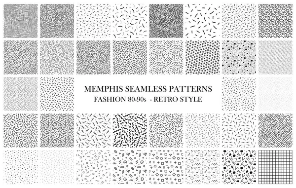 Paket Memphis Dikişsiz desen. 80-90'lı yılların moda. Siyah ve beyaz dokular — Stok Vektör