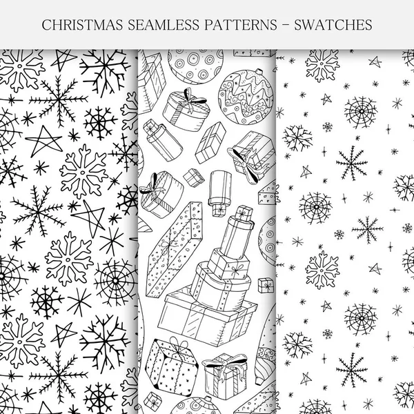 Colección de mano dibujada sin costura. Patrones de Navidad - muestras. Estilo Doodle — Vector de stock