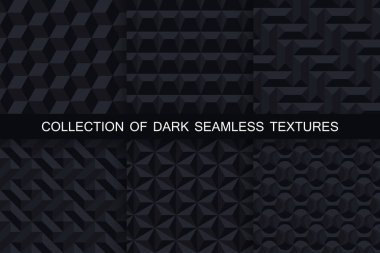 Karanlık kesintisiz geometrik dokular topluluğu. 3D modelleri siyah