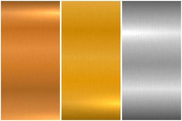 Collection of bright brushed metallic textures. Shiny polished metal backgrounds — Stock Vector