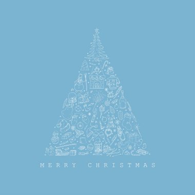 Elle çizilmiş xmas öğeleri ile Noel ağacı. Tatil dekoratif kartı