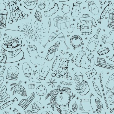 Sorunsuz kış desen el ile Noel öğeleri çizilmiş. Doodle stili