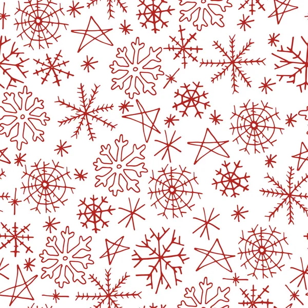 Modello Natale senza cuciture con fiocco di neve su sfondo bianco. Disegno disegnato a mano — Vettoriale Stock