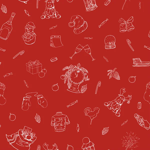 Kézzel rajzolt zavartalan téli minta. Boldog új évet, piros háttér. Doodle design — Stock Vector