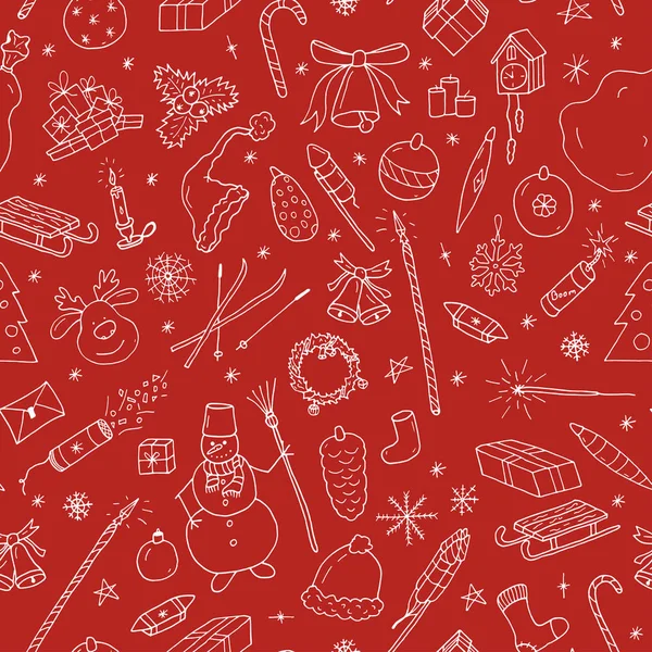 Padrão de inverno sem costura desenhado à mão. Feliz ano novo fundo vermelho. Design de doodle —  Vetores de Stock