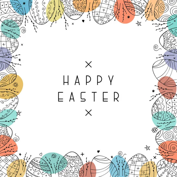 Feliz tarjeta de Pascua con huevos ornamentales dibujados a mano. Marco de saludo colorido — Vector de stock