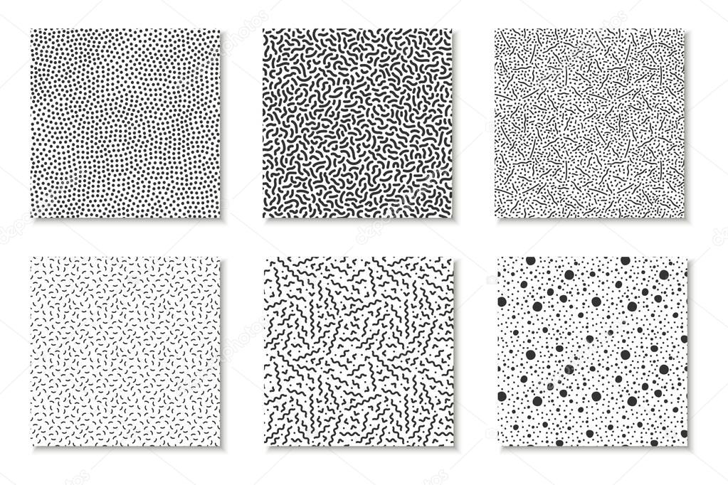 Collection of seamless memphis patterns, cards. Mosaic black and white textures. Fashion design 80 - 90s