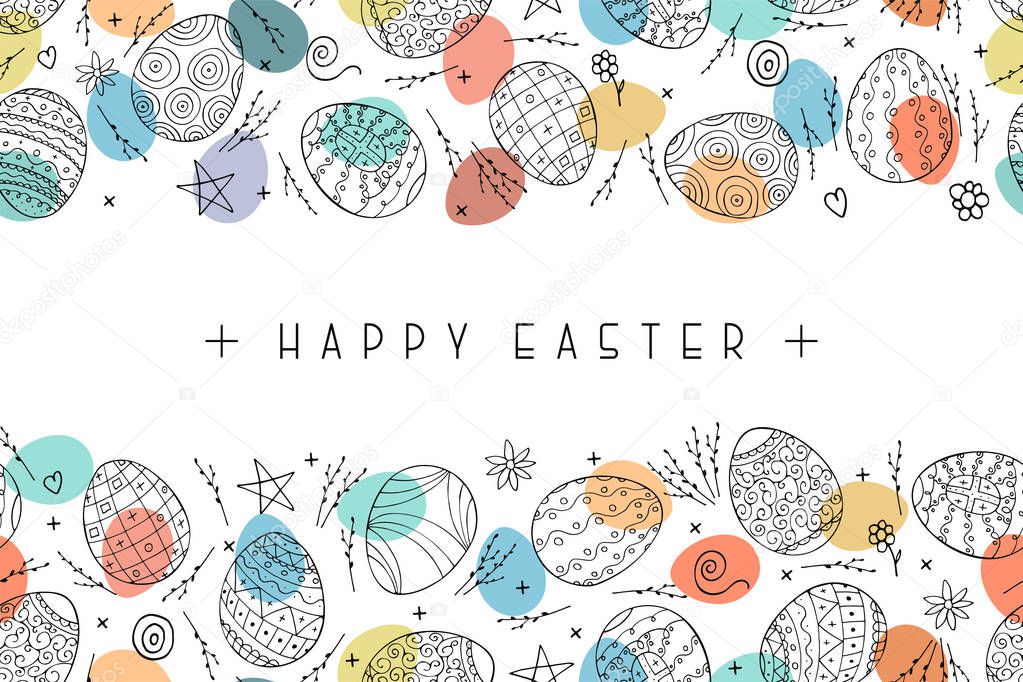 Happy easter background with ornamental eggs. Hand drawn design. Vector holiday card, postcard, banner, poster and ect