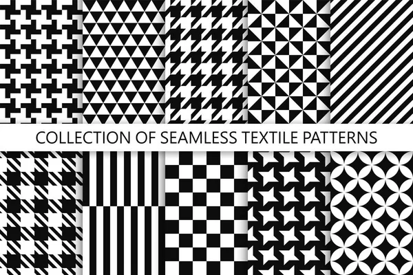 Collection of seamless textile patterns - black and white design. Vector geometric backgrounds — Stock Vector