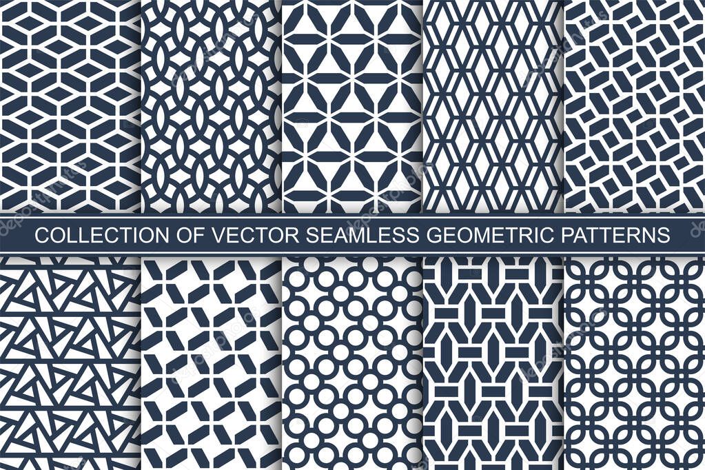 Set of seamless geometric patterns - blue and white symmetric outline textures. Vector repeatable minimalistic backgrounds