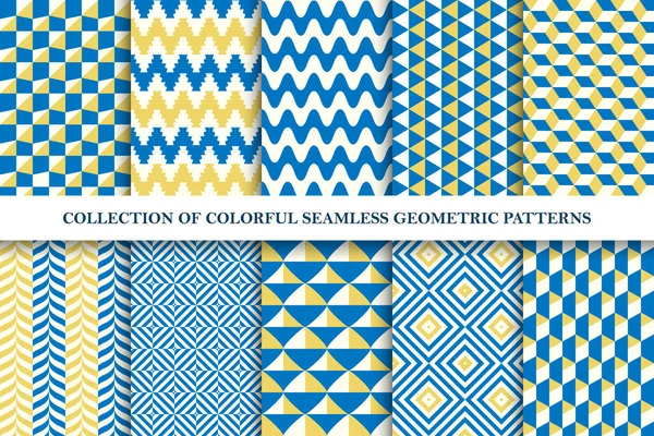 Verzameling van heldere naadloze kleurrijke geometrische patronen. Eindeloze fanatieke texturen. Levendige betegelde ongewone achtergronden voor uw elk ontwerp en ideeën — Stockvector