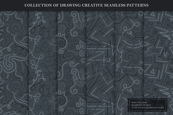 Collectie van het tekenen van creatieve naadloze patronen. Donkergrijze gestreepte curve eindeloze texturen. Ongebruikelijke herhaalbare vectorachtergronden — Stockvector