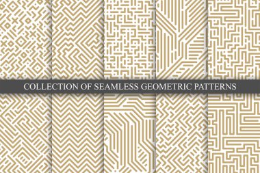 Vektörsüz geometrik desenlerin toplanması - çizgili tasarım. Moda dijital doğrusal arkaplanlar, sonsuz lüks altın dokular