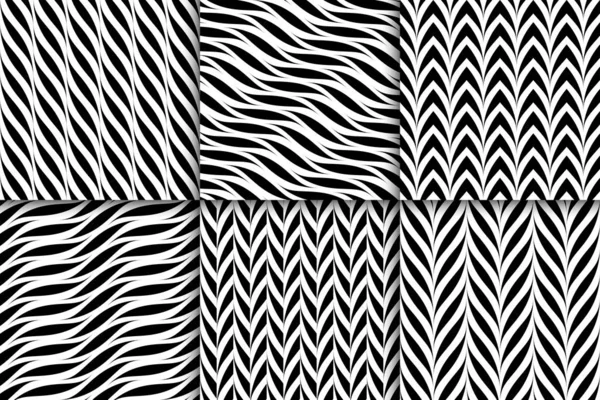 Set of vector seamless geometric patterns. Weave striped black and white textures. Abstract monochrome backgrounds — 스톡 벡터