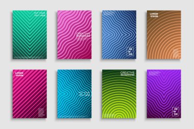 Vektör parlak çağdaş şablon koleksiyonu, posterler, afişler, afişler, broşürler, afişler, el ilanları, arka planlar vs. Renkli gradyan çizgili kapaklar - moda geometrik canlı tasarım