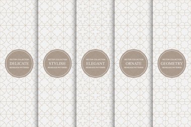 Bir dizi kusursuz geometrik süslemeli vektör desenleri. Lüks, hassas, doğulu, minimalist altyapılar. Simetrik ızgara bej dokusu