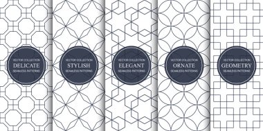 Süssüz geometrik desenler seti - simetrik dış hat dokuları. Beyaz tekrarlanabilir zarif arkaplanlar