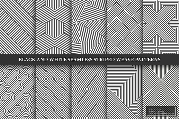 Koleksi seamless weave pola geometris. Hitam dan putih bergaris-garis tekstur kreatif latar monokrom. Anda dapat menemukan desain berulang dalam panel swatch - Stok Vektor