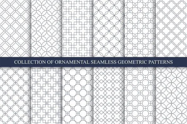 Kolekce dekorativních bezešvých ornamentálních geometrických obrazců - bílé symetrické obrysy. Vektorové opakovatelné východní pozadí — Stockový vektor