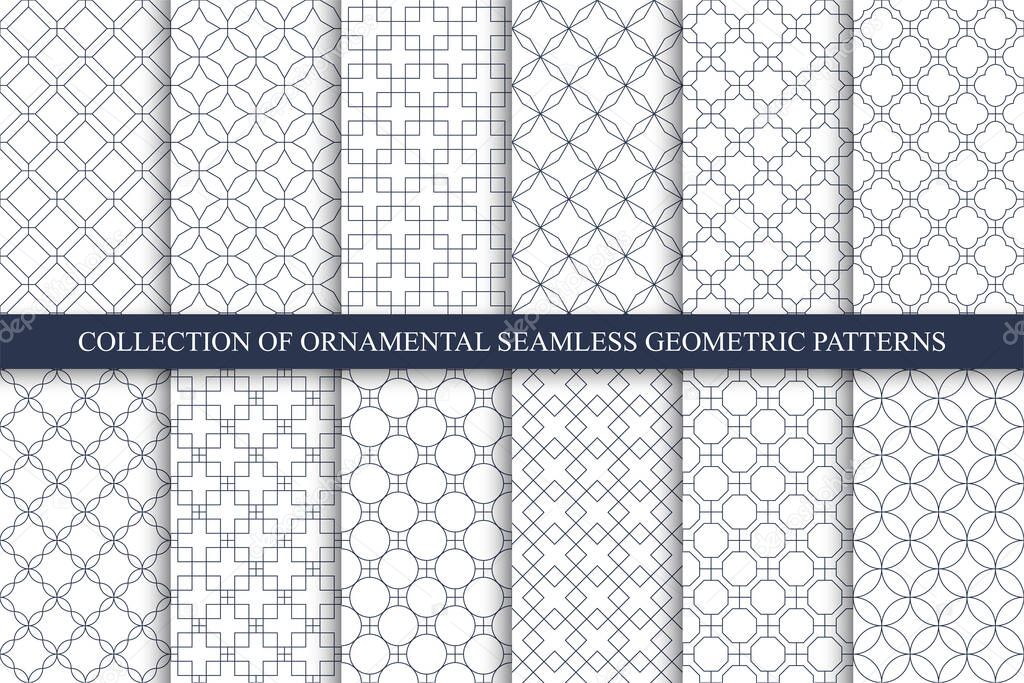 Collection of decorative seamless ornamental geometric patterns - white symmetric outline textures. Vector repeatable eastern backgrounds