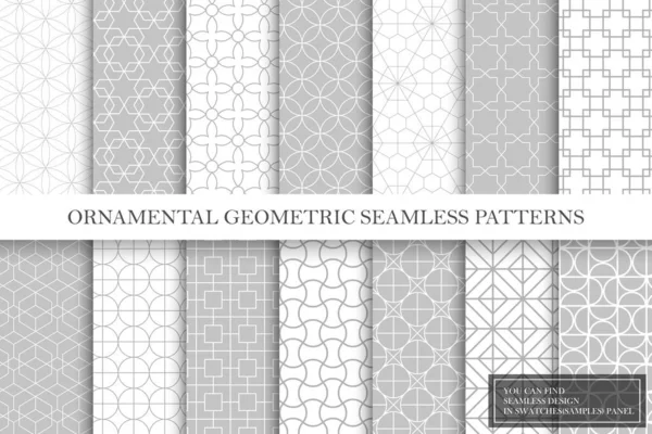 Verzameling van herhaalbare geometrische ornamentele vectorpatronen. Tegels oosterse elegante achtergronden. Vintage witte en grijze texturen. U kunt naadloos ontwerp vinden in stalen paneel — Stockvector