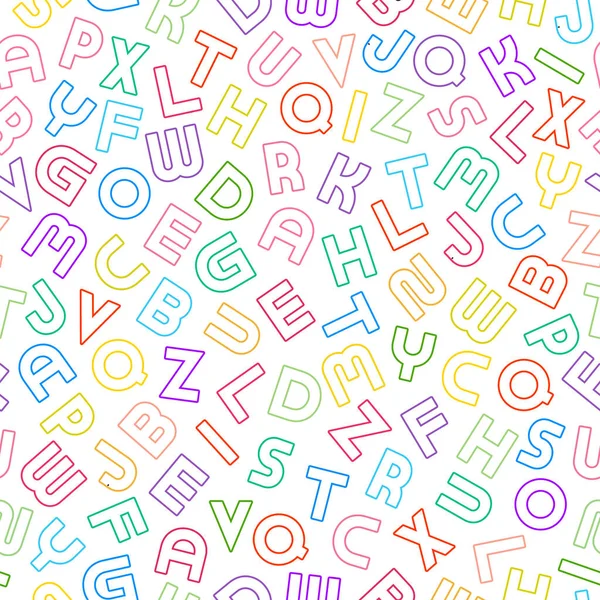 Patrón de alfabeto sin costura vectorial con letras latinas de contorno colorido. Estampado funky brillante. Multicolor vibrante repetible inusual fondo — Vector de stock