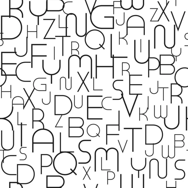 Abstraktes, nahtloses Alphabet-Muster mit stilvollen schwarzen lateinischen Buchstaben. Weiß wiederholbarer ungewöhnlicher Hintergrund. Einsetzbar als Packpapier, Textileinband, Tapete oder für andere Designs und Ideen — Stockvektor