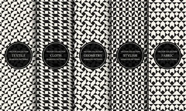 Set van vector decoratieve naadloze patronen met geometrische creatieve vormen. Textiel gestreepte zwart-wit texturen. Abstracte monochrome weefsels achtergronden — Stockvector