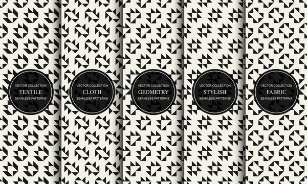 Set van vector decoratieve naadloze patronen met geometrische creatieve vormen. Textiel gestreepte zwart-wit texturen. Abstracte monochrome weefsels achtergronden — Stockvector
