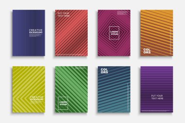 Minimalist vektör parlak çağdaş şablonlar, posterler, pankartlar, broşürler, afişler, el ilanları, arka planlar ve benzerleri. Renkli gradyan çizgili kapaklar - moda geometrik canlı tasarım