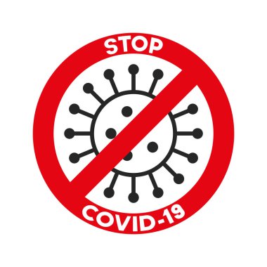 Coronavirus, ncov, covid - 19 logo. Uyarı işareti. Basit yazıtlı ve kırmızı dur sembollü virüs çizgi film simgesi