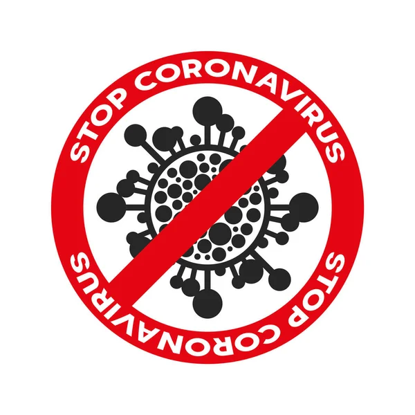 Coronavirus, ncov, covid - 19 logo. Señal de advertencia. Icono de dibujos animados de virus con inscripción simple y símbolo de parada roja — Vector de stock