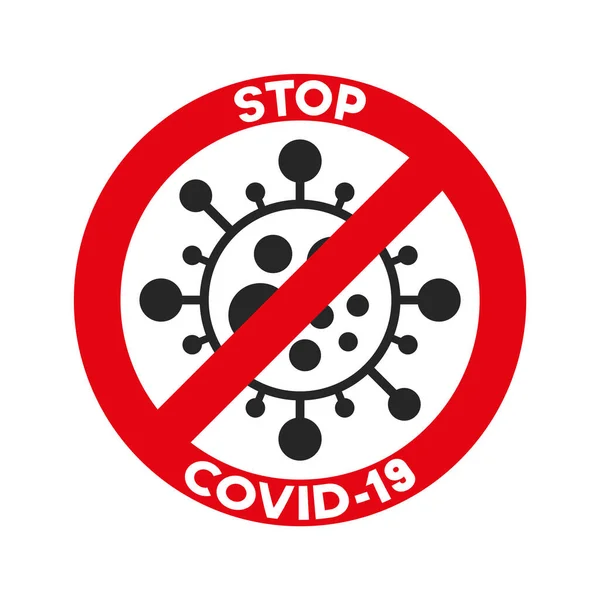 Coronavirus, ncov, covid - 19 logo. Varovné znamení. Virus kreslená ikona s jednoduchým nápisem a červeným symbolem stop — Stockový vektor