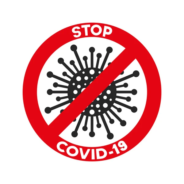 Coronavirus, ncov, covid - 19 logo. Varovné znamení. Virus kreslená ikona s jednoduchým nápisem a červeným symbolem stop — Stockový vektor