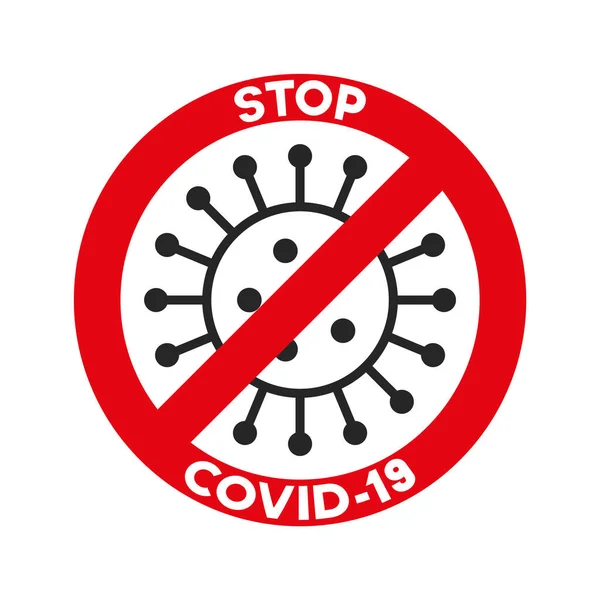 Coronavirus, ncov, covid -19 logo.警告标志。带有简单题词和红色停止符号的病毒卡通图标 — 图库矢量图片