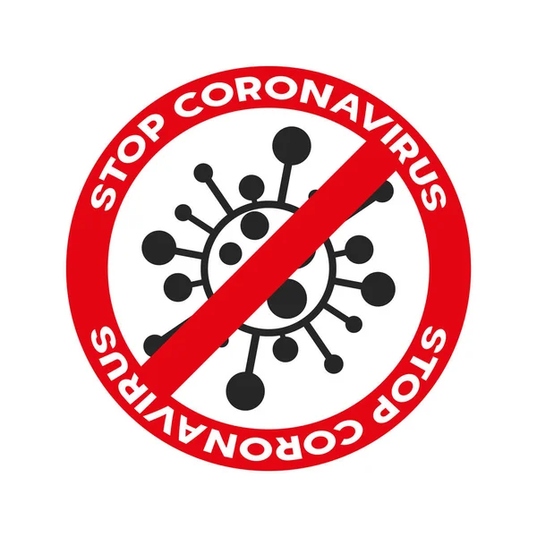 Coronavirus, ncov, covid - 19 logo. Señal de advertencia. Icono de dibujos animados de virus con inscripción simple y símbolo de parada roja — Vector de stock