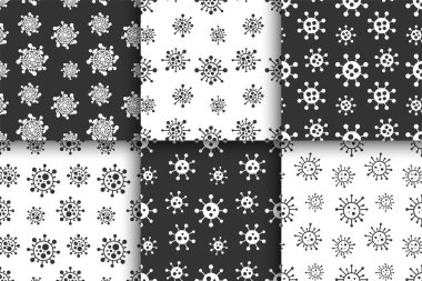 Kusursuz yaratıcı virüs kalıpları dizisi. Siyah ve beyaz sonsuz tasarım. Soyut tekrarlanabilir bakteri geçmişleri. Coronavirus, ncov, covid-19 basit parmak izleri.