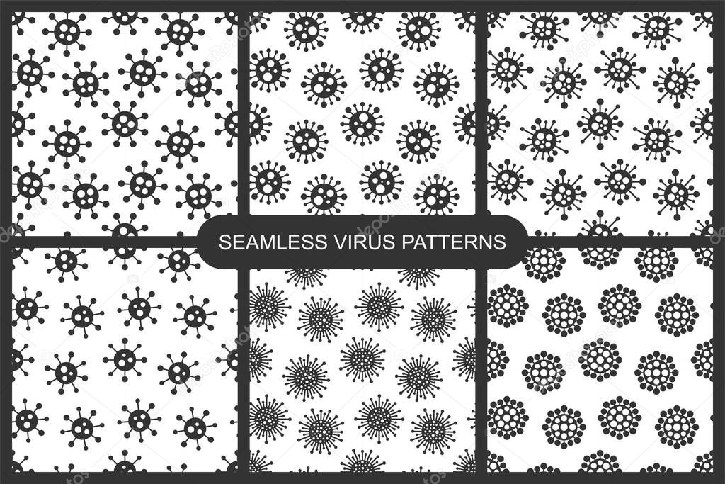 Set of vector cartoon seamless patterns with virus prints. Black and white endless design. Abstract repeatable bacteria backgrounds. Coronavirus, ncov, covid-19