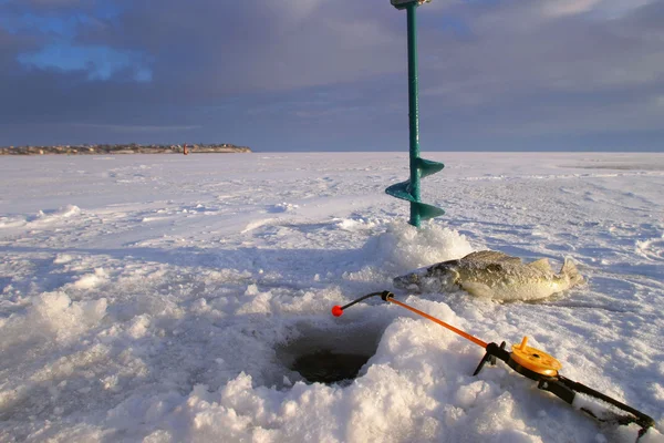 Pêche Hivernale Matinale Givré Sur Rivière — Photo