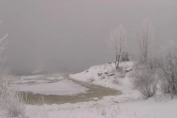 Winterlandschaft Mit Dichtem Nebel Auf Dem Flusseis Und Eisbedeckten Bäumen — Stockfoto