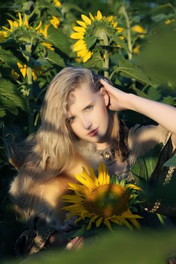 antika stili bir arka plan alanında ayçiçeği batımında güzel elbise uzun sarı saçlı güzel bir genç kız closeup portresi