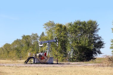 Yazın güneşli bir günde bir tarlada petrol pompalanıyor.