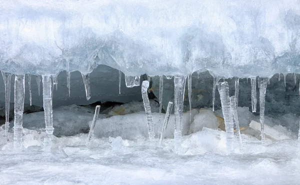 Textura Macroisolada Gelo Icicles Rio Início Primavera Sob Luz Solar — Fotografia de Stock